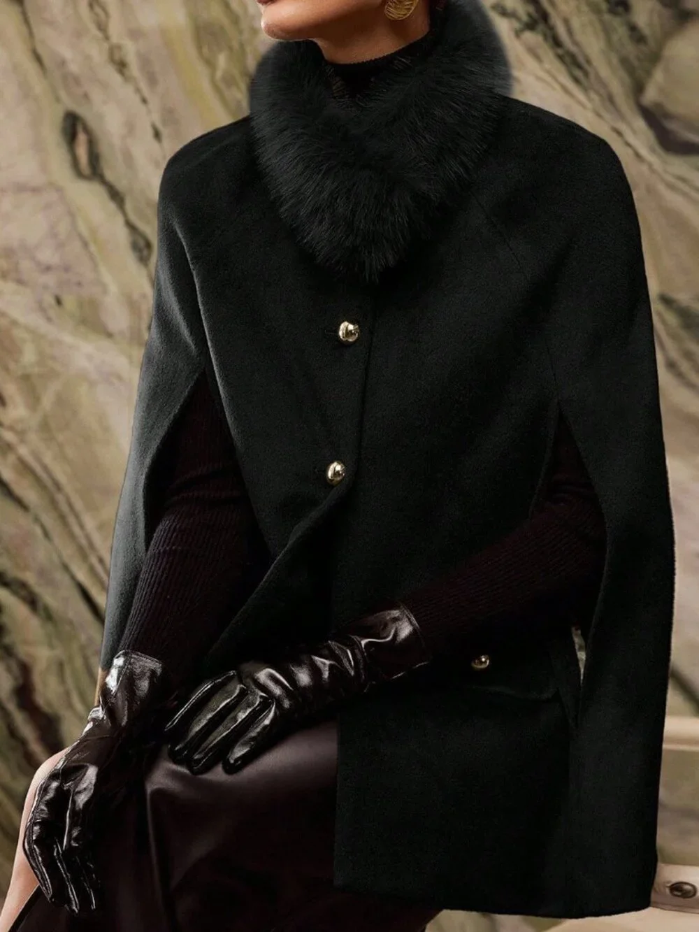 Black Elegant Women's Fuzzy Collar Cape Overcoat